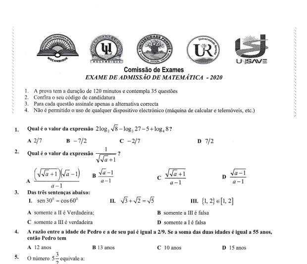 Exame de admissão - Matemática